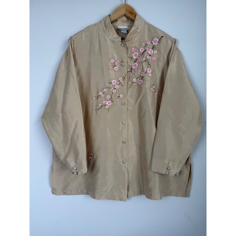 VTG Yi-Lin Women Silk Shirt Embroidered Cherry Blossom 2X Beige Mandarin Collar